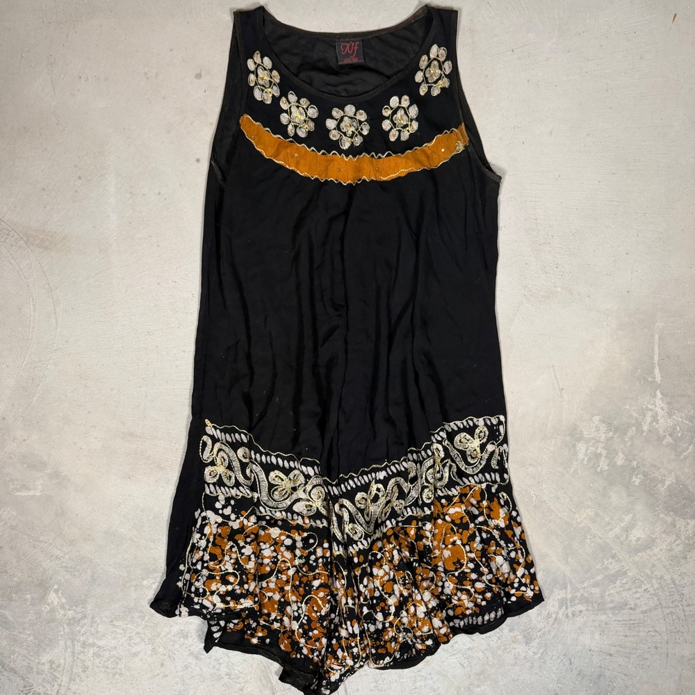NJ Free Size Black Rayon Embroidered Sequin Batik Sleeveless Mini Dress Boho